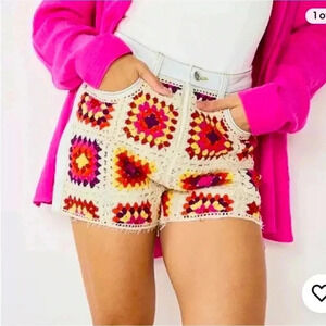 SO Women's Boho Granny Crochet Panel Button Fly Light Wash Denim Shorts